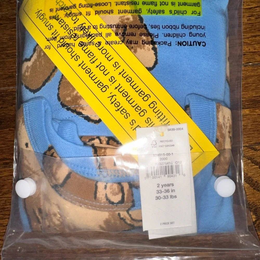 GAP Blue Organic Brushed Cotton Pajama Set with Teddy Bear Print - NWT 2Years